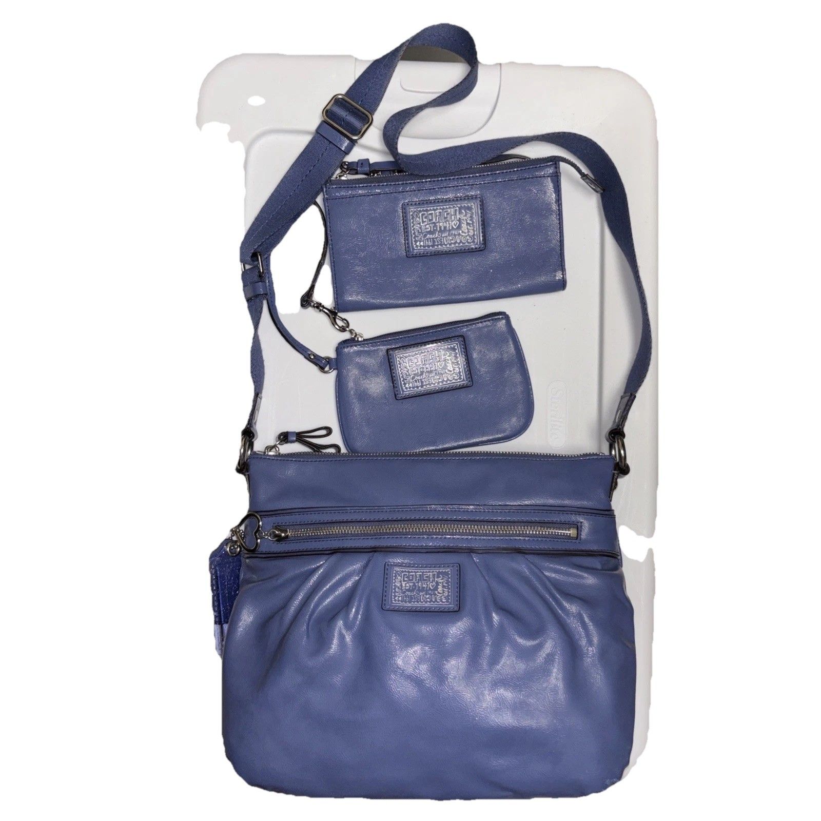 Coach Poppy Daisy Blue Liquid Gloss Patent Leather Crossbody Bag Wristlet Wallet
